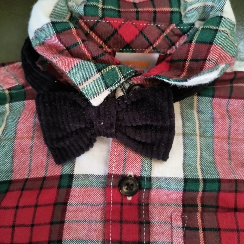 Red white green black plaid dressy collared long sleeve Christmas baby onesie